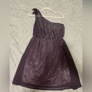 Purple one shoulder dress with strapless slip underneath, bow on shoulder